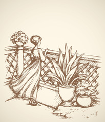 Woman on terrace. Vector drawing