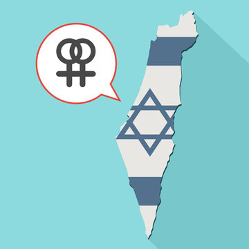 Animation of a long shadow Israel map with its flag and a comic balloon with an interlaced female and female sexual signs - lesbian sign