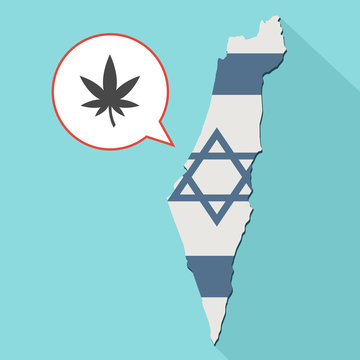 Animation of a long shadow Israel map with its flag and a comic balloon with a marijuana leaf