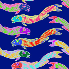 Funny colorful eel fishes, hand drawn doodle, sketch in naïve, pop art style, white outline, seamless pattern design on dark blue background