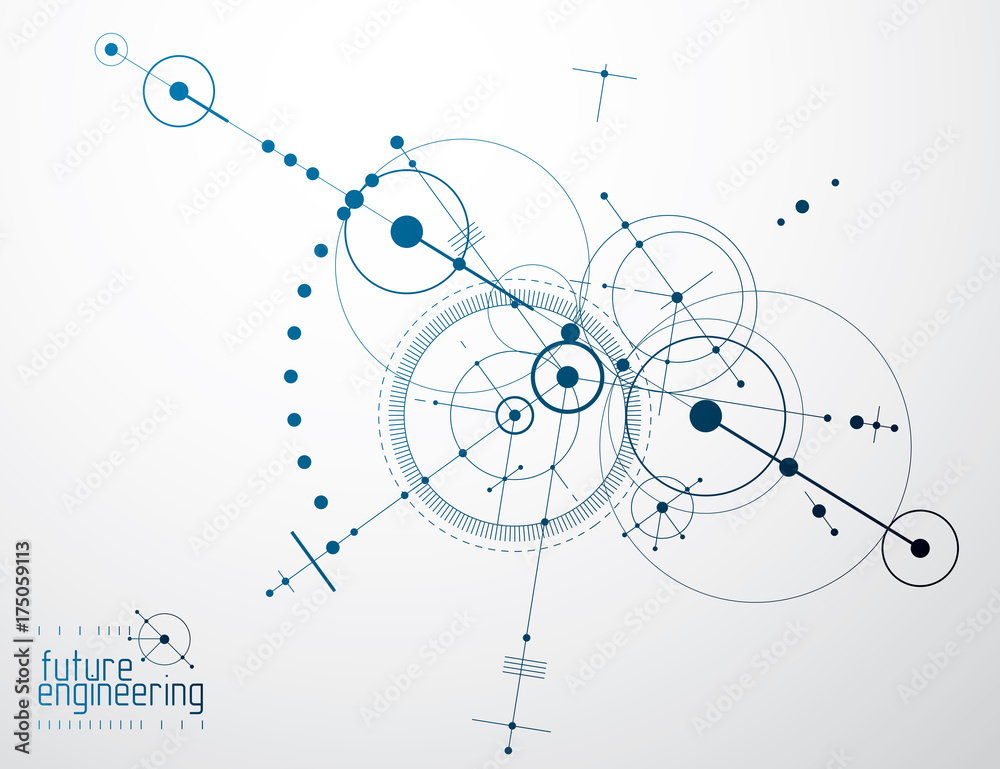 Poster mechanical scheme, vector engineering drawing with circles and geometric parts of mechanism. technic