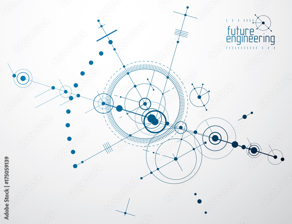 Poster mechanical scheme, vector engineering drawing with circles and geometric parts of mechanism. technic