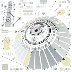 Dimensional abstract circular mechanical scheme, 3d technological pattern. Vector industrial and engineering background.