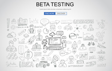 Beta Testing concept with Business Doodle design style: online audience, tester groups,test phases.