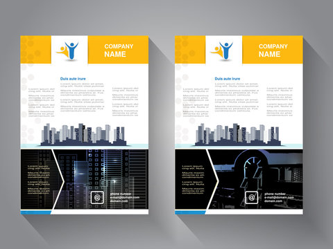 Vector modern brochure, abstract flyer with background of buildings. City scene. Layout template. Poster of blue, yellow, grey, black and white color. Magazine cover.