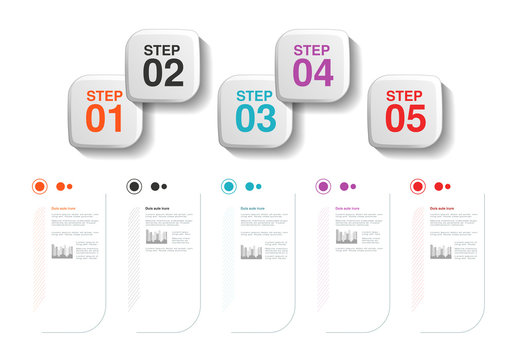 Vector infographics five steps design. Template with square labels. Company layout. Background for business, infographic, diagram, menu, options, navigation.
