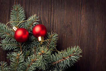 Christmas Tree and decorations on wooden background