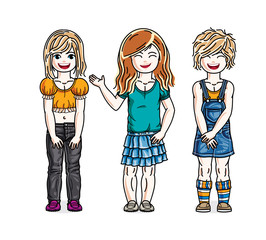 Cute little girls group standing  wearing fashionable casual clothes. Vector diversity kids illustrations set. Childhood and family lifestyle cartoons.