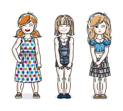 Cute little girls group standing wearing fashionable casual clothes. Vector diversity kids illustrations set.