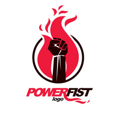Vector illustration of clenched fist in the burning fire. Power and authority conceptual logo