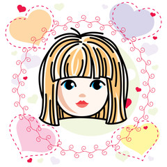 Vector illustration of beautiful blonde girl face, positive face features, romantic style clipart.