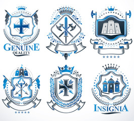 Set of vector retro vintage insignias created with design elements like medieval castles, armory, wild animals, imperial crowns. Collection of coat of arms.