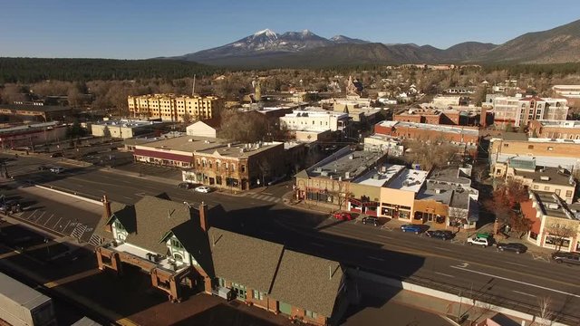 Wintertime Flagstaff Arizona City Center Downtown Aerial Footage