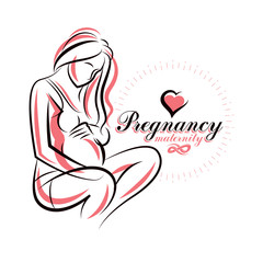 Elegant pregnant woman body silhouette drawing. Vector illustration of mother-to-be fondles her belly. Medical rehabilitation and childcare center marketing card