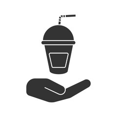 Open hand with plastic cup glyph icon