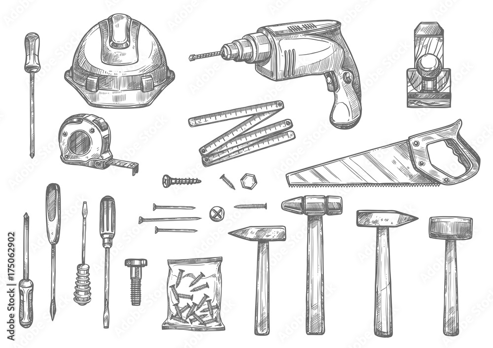 Wall mural vector sketch icons of repair work tools