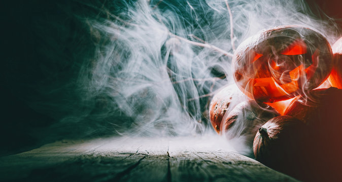 Halloween Pumpkins Surrounded With Smoke