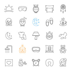 Sleeping accessories linear icons set
