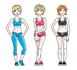 Attractive young women standing wearing stylish sport clothes. Vector people illustrations set. Lifestyle theme fem characters.