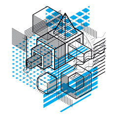 Lines and shapes abstract vector isometric 3d background. Layout of cubes, hexagons, squares, rectangles and different abstract elements.