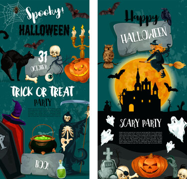 Halloween night trick or treat party poster design