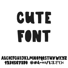 Hand drawn Cute english lettering alphabet with examples of this font. Modern ink brush handwritten letters isolated on the white background.