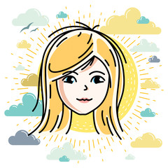 Beautiful women face, human head. Vector character, attractive blonde lady face features.