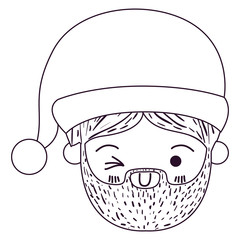 santa claus kawaii face wink eye and smiling expression with christmas hat silhouette on white background