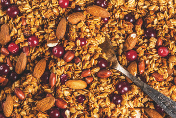 Ideas for a winter, autumn breakfast. Thanksgiving, Christmas. Homemade fresh cooked honey granola with nuts (almonds, peanuts, hazelnuts) and cranberries. On gray concrete table, Copy space top view