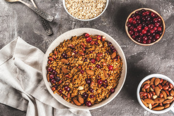 Ideas for a winter, autumn breakfast. Thanksgiving, Christmas. Homemade fresh cooked honey granola with nuts (almonds, peanuts, hazelnuts) and cranberries. On gray concrete table, Copy space top view