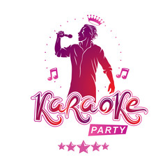 Karaoke party flyers vector cover design created using musical notes, stars and soloist singing to microphone. Emcee show advertising poster