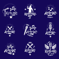 Collection of vector design elements which can be best used for karaoke theme emblems and posters composition. Leisure and relaxation lifestyle presentation, carnival concept.