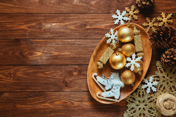box with christmas white gold red toys balls and stars new year background decorations