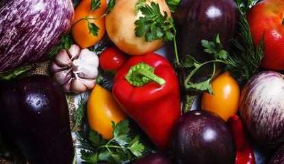 Food background, fresh eggplants, tomato, pepper, chili, garlic and parsley, top view