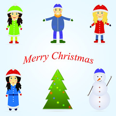 Christmas set with kids and snowman. New year illustration.