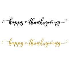 Happy thanksgiving brush hand lettering, with golden glitter texture effect, isolated on white background. Calligraphy vector illustration. Can be used for holiday design.