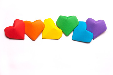 Multicolored paper hearts, a symbol of LGBT