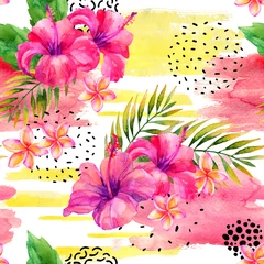 Photo sur Plexiglas Impressions graphiques Feuilles et fleurs tropicales aquarelles peintes à la main sur fond de coup de pinceau sec et rugueux.