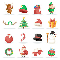 Christmas New Year Winter Holiday Xmas Isolated Icons Set Cartoon Design Vector Illustration
