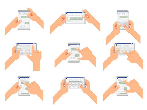 Chat accept reading type send gesture message social messenger window chatting messaging vertical horizontal mobile phone hands concept flat design vector illustration