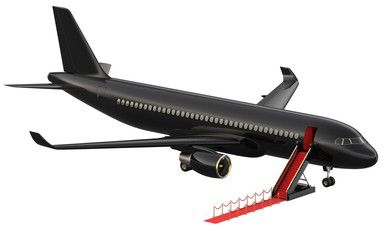 Black reactive private jet. White private-jet and open ladder, red carpet at the airpor. 3d rendering isometric illustration. Business airlines