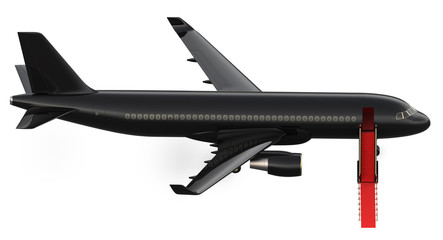 Image of black luxury charter private jet, plane. VIP airplane with a red carpet, 3d rendering isolate on white background. Business travel concept, side view