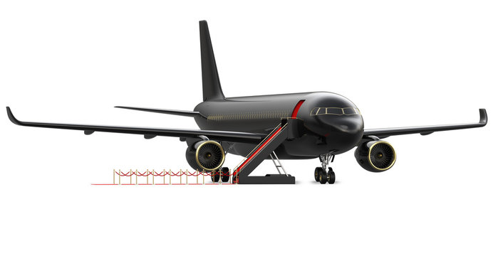 Image of black luxury charter private jet, plane. VIP airplane with a red carpet, 3d rendering isolate on white background. Business travel concept, front view