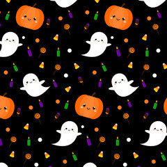 Halloween pattern with cute ghosts, pumpkin and symbols in kawaii style. Holiday background, gift wrapping print