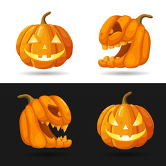 Set of Jack o Lantern heads with burning candles. Halloween pumpkin characters with different face expressions isolated on black and white background. Vector illustration. Realistic style