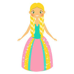 Cute fairy tale princess with blondie braids. Girl in long gown queen costume dress. Cartoon style vector illustration
