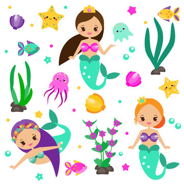 Cute mermaids set and design elements. Stickers, clip art for girls in kawaii style. Alga, octopus, fish and other fairy symbols