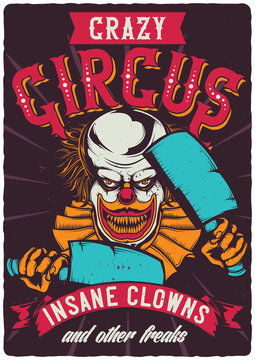 T-shirt or poster design with illustration of scary clown. Raster copy.