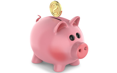 Golden coins falling into a money box, piggy bank . 3d rendering, isolated on white background