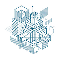 Isometric abstract background with linear dimensional shapes, vector 3d mesh elements. Composition of cubes, hexagons, squares, rectangles and different abstract elements.